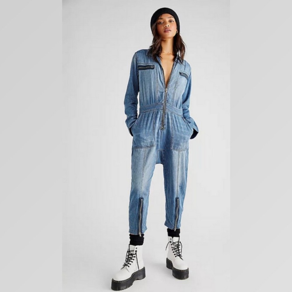 FREE PEOPLE × Sandrine Rose Striped Denim Zip Jumpsuit Slouchy Utility